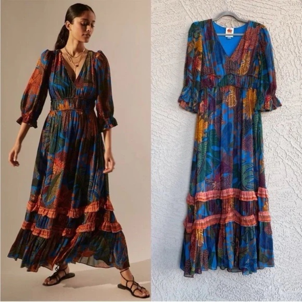 FARM Rio Blue Cool Leopards Maxi Ruffle Dress